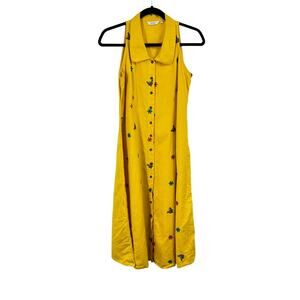 Max Sleeveless Button Front Dress M Yellow‎ Floral Butterfly Cotton Flax Blend